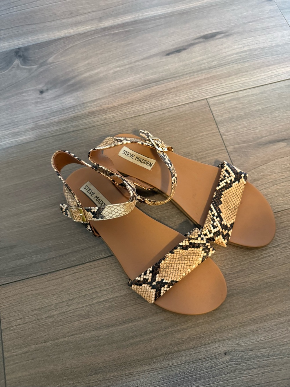 Steve Madden Snake-Print Ankle Strap Sandals in Beige and Black